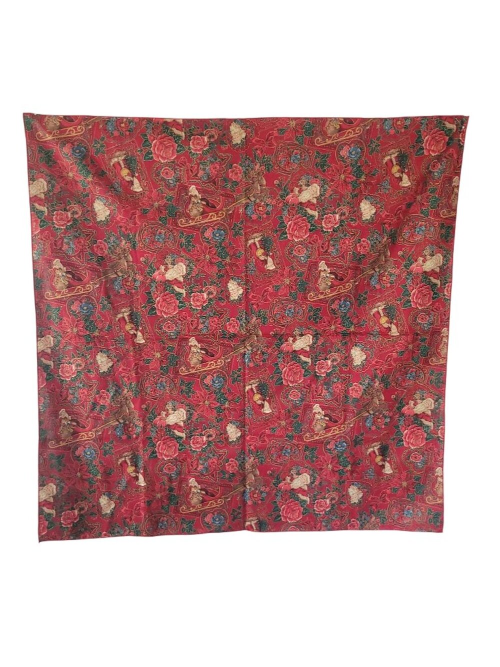 Vtg Red Christmas Tablecloth Santa Roses & Poinsettias 35" Square Festive Holida